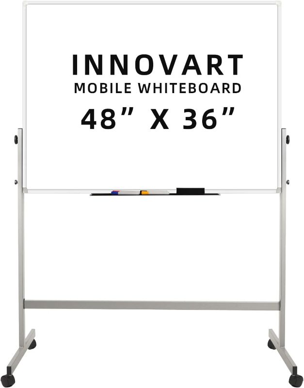 Photo 1 of  Mobile Whiteboard 48” x 36”, 360° Reversible Double Sided Magnetic Dry Erase Board with Portable Rolling Stand on Wheels, Easel Standing Board
