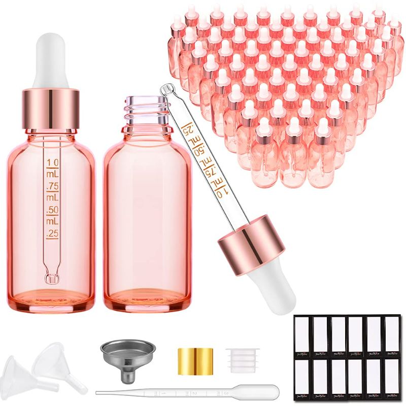 Photo 1 of PrettyCare 2 oz Tincture Bottles with Dropper (63 Pack Rose Glass Eye Dropper Bottle 60 ml with Measured Pipettes, Golden Caps, Labels, Funnels & Plastic Pipettes) for Essential Oils
