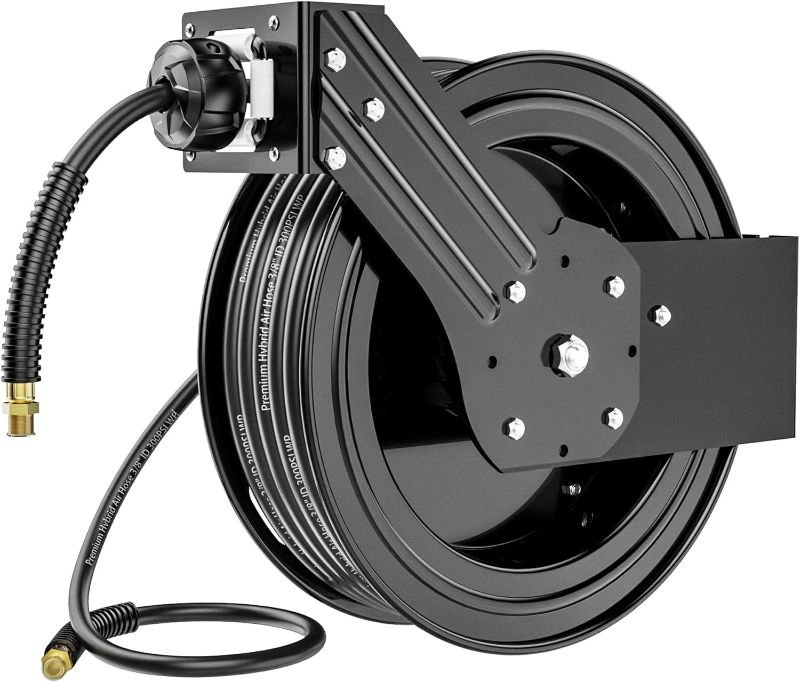 Photo 1 of Y-ASQA Air Hose Reel Retractable Industrial 3/8" x 50' PVC Air Hose, Auto Rewind Air Tool Hose Reel, 300PSI Heavy Duty Steel Reel (BLACK)
