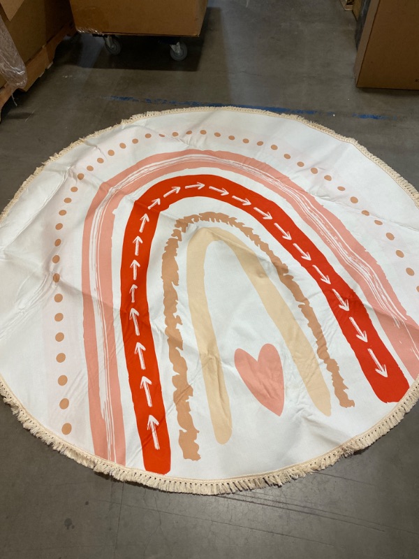 Photo 1 of 70" Round Rugs Cute with Hearts Twigs and Elements Decorative of Neutral Pastel Boho Area Rug Linen and Cotton Carpet Meditation Rug Washable Hallway Runner Mat Accent Rug for Bedroom Bathroom 
