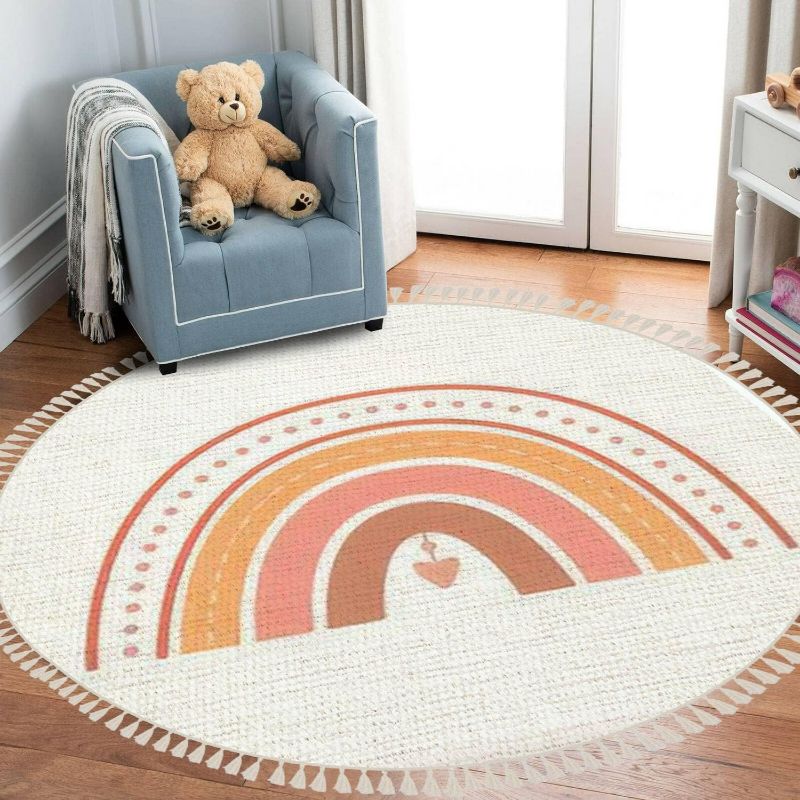 Photo 1 of 70" Round Rugs Cute with Hearts Twigs and Elements Decorative of Neutral Pastel Boho Area Rug Linen and Cotton Carpet Meditation Rug Washable Hallway Runner Mat Accent Rug for Bedroom Bathroom 