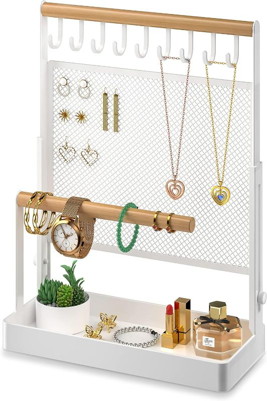 Photo 1 of IOAIANIA Jewelry Organizer Stand, Liftable Necklace Holder with Earring Organizer Net, 9 Hooks Necklaces Storage Wooden Handing Bar for Bracelets Watches Rings (White)
