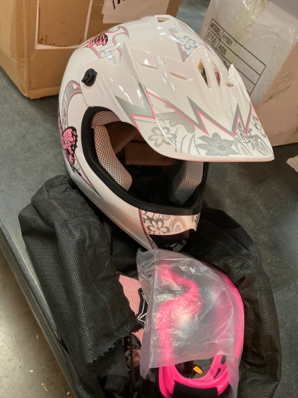Photo 2 of TCMT Youth Pink Butterfly Dirt Bike ATV Helmet Motocross with Goggles and Gloves Large
