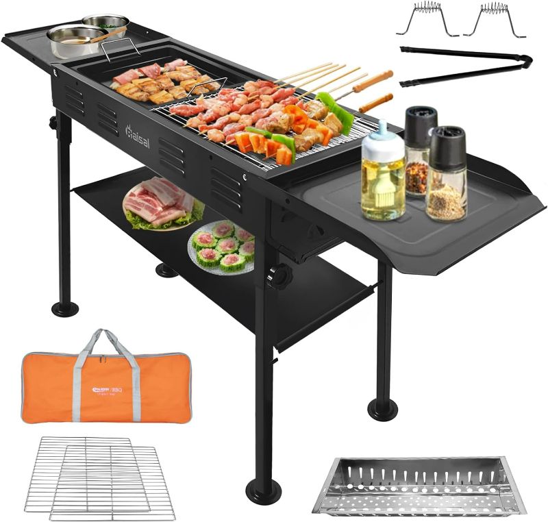 Photo 1 of Baisal Portable Charcoal Grills for Outdoor BBQ, Foldable Camping Barbecue Hibachi Kabob Grill, 1.6 Ft² Barbeque Area Binchotan Grill with Shelf Carbon Tank and Carry Bag for Backyard Picnic Home
