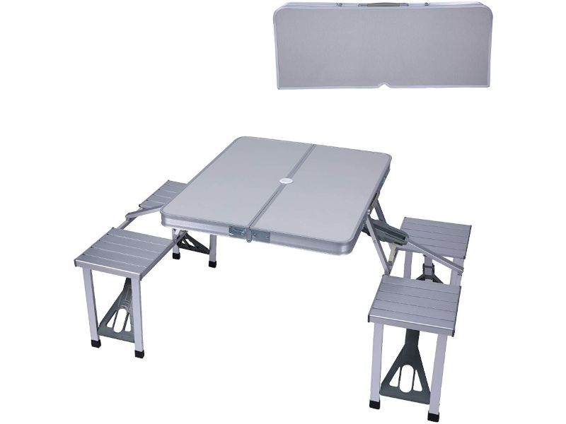 Photo 1 of olding Camping Table Chair Set, Aluminum Suitcase Portable Camping Picnic Table with 4 Seats,Umbrella  HOLE