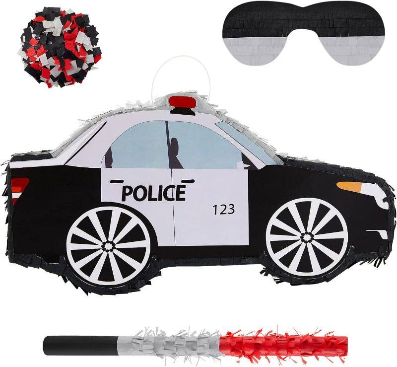 Photo 1 of 15.7 Inch Police Car Pinata Police Car Themed Pinata with Blindfold Stick Confetti for Police Car Themed Birthday Party Supplies Mexican Fiesta Party Favor
