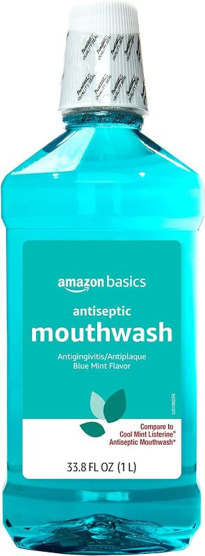Photo 1 of Amazon Basics Antiseptic Mouthwash, Blue Mint, 1 Litre, 33.8 Fluid Ounces, 2-Pack (Previously Solimo)
