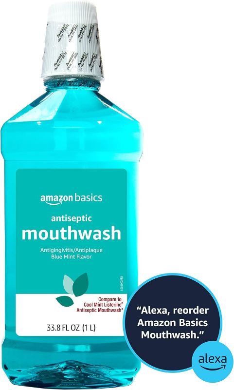 Photo 1 of Amazon Basics Antiseptic Mouthwash, Blue Mint, 1 Litre, 33.8 Fluid Ounces, 3-Pack (Previously Solimo)
