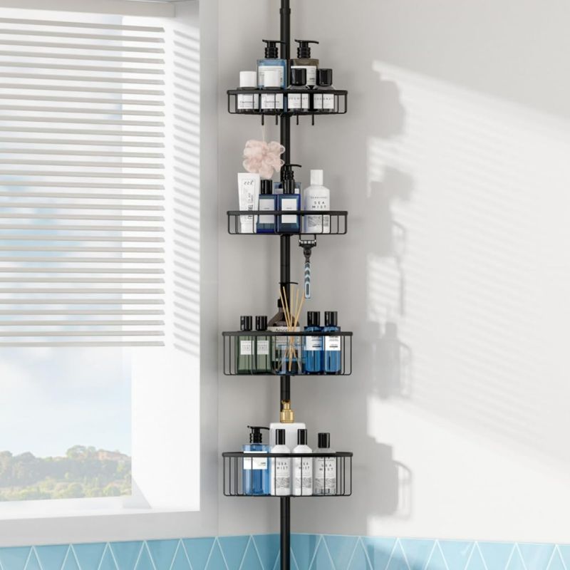 Photo 1 of Corner Shower Caddy Tension Pole: Stainless Steel Rustproof Inside Shower Organizer with 4 Tier Adjustable Shelves for Bathroom Bathtub Tub Shampoo Storage Holder - Floor Standing Bath Rack with Rod
