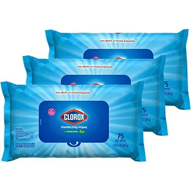 Photo 1 of Clorox Disinfecting Wipes, Bleach Free Cleaning Wipes, Fresh Scent, Moisture Seal Lid, 75 Wipes, Pack of 3 (New Packaging)
