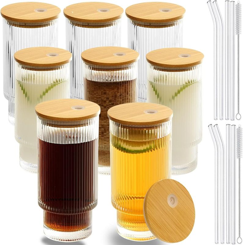 Photo 1 of CAYOREPO 8 Pcs 16oz Ribbed Drinking Glasses with Bamboo Lids and Straws, Ribbed Glass Cups, Stackable Glasses, Vintage Water Glasses for Juice, Beer, Coffee, Tea and Cocktail (Clear(8PC))
