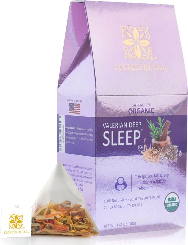 Photo 1 of Secrets Of Tea Valerian Sleep Tea - Natural USDA Organic Caffeine-Free Tea- Herbal Tea for Sleep and Relaxation with Lavender, Chamomile and Lemon Balm - 20 Count(1 Pack)
