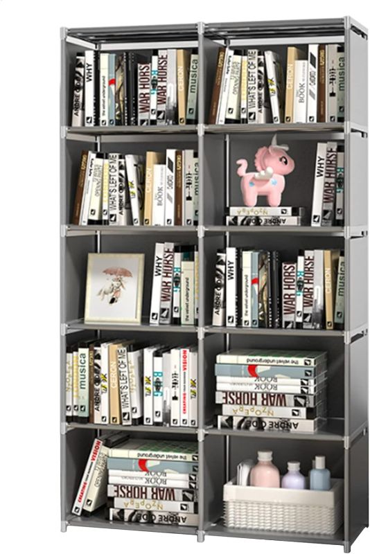 Photo 1 of QPEY Bookshelves, Gray Bookcase Double Row 10-Grid Cube Storage Organizer Tall Portable Bookshelf Vertical Shelf for Storage
