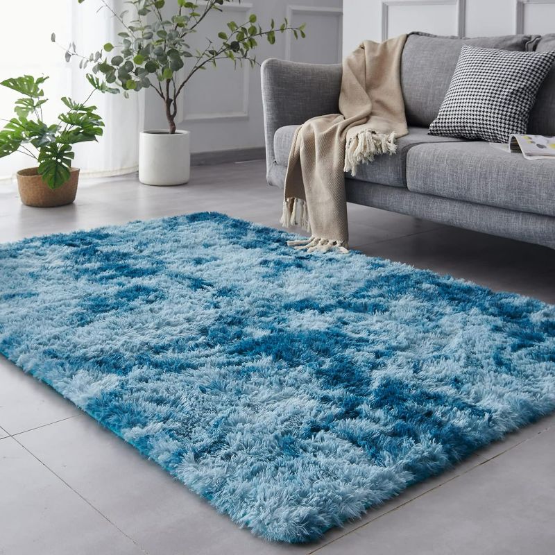 Photo 1 of Luxury Shag Area Rug Tie-Dyed Dark Blue Rectangle Plush Fuzzy Rugs, Non-Slip Shaggy Furry Carpets for Kids Room Bedroom