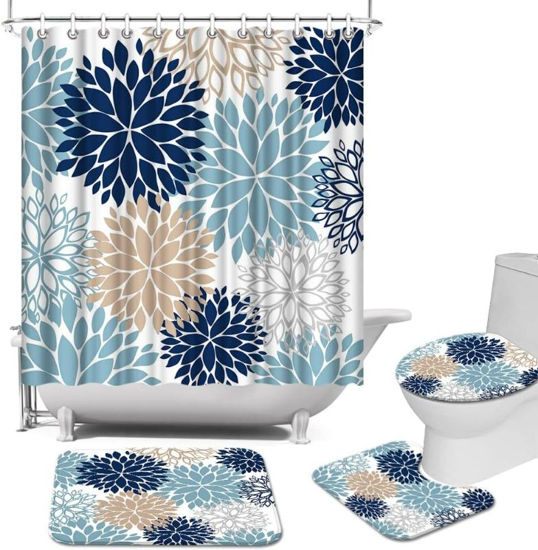 Photo 1 of AtGoWac Dahlia Pinnata Blue Flower Shower Curtain Set with Rugs,Blue Flower Bath Mat Bath Rugs, Bathroom Decor Shower Curtain Set, Navy Blue Grey Brown 72"x72"

