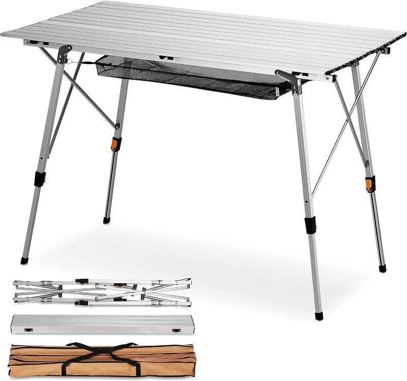 Photo 1 of FiveJoy Folding Camping Table Outdoor Portable Picnic Camp Table with Aluminum Legs Adjustable Height Roll Up Table with Mesh Layer for Picnic Beach Grill Backyard Kitchen

