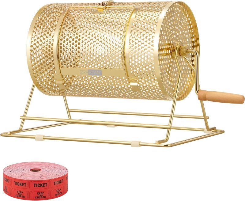 Photo 1 of VIVOHOME 11 Inch x 8 Inch Brass Plated Raffle Drum with 2000 Tickets Lottery Spinning Drawing with Wooden Turning Handle
