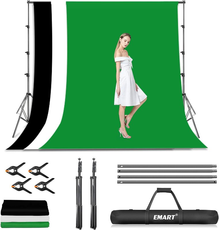 Photo 1 of EMART Photo Video Studio Backdrop Stand Kit, 8.5x10ft Adjustable Photography Green Screen Support System with 3 Polyester Backgrounds for Photoshoot (Black White Green)

