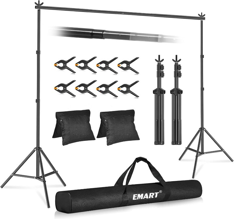 Photo 1 of Emart Backdrop Stand Photo Studio Adjustable Background Stand Support Kit with 2 Crossbars, 8 Backdrop Clamps, 2 Sandbags and Carrying Bag for Parties Wedding Events Decoration