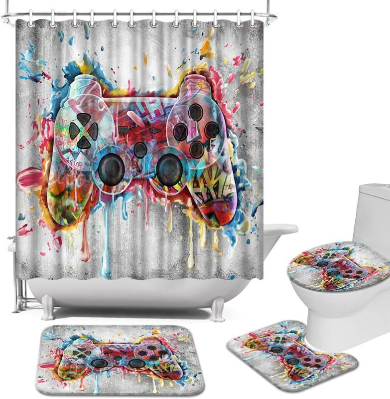 Photo 1 of AtGoWac Gaming Shower Curtain Sets with 3 Rugs, Gamer Decor Boys Bathroom Decor 72 x 72 Inch Shower Curtain, Gamer Bath Mat
