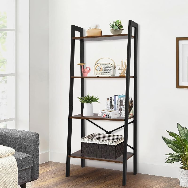 Photo 1 of thksbought 4 Tier Ladder Shelf,Bookshelf,Kitchen Shelf,Plant Flower Stand Storage Rack,Multi Function Shelf with Stable Metal Shelf(Dark Brown)

