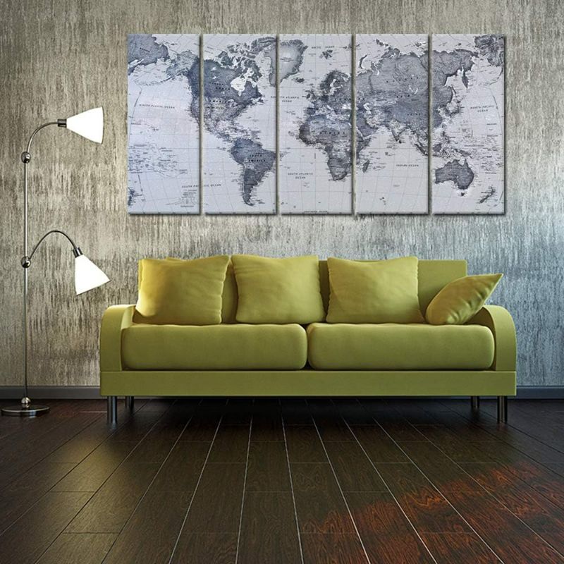 Photo 1 of iKNOW FOTO 5 Pieces Vintage World Map Canvas Prints Push Pin Map Wall Art Decor Trace Travel Marks Map The Map of The World Antique Framed Picture for Living Room Office 16x40inx5

