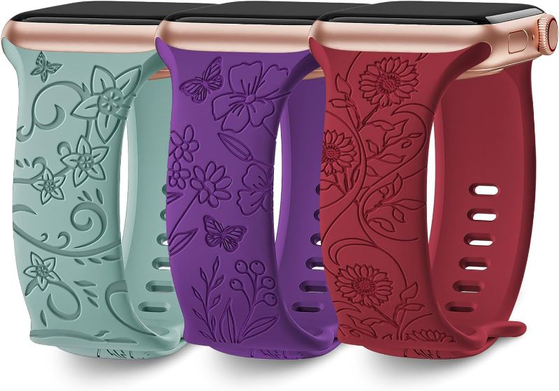 Photo 1 of 3 Pack Floral Engraved Bands Compatible with Apple Watch Band 40mm 41mm 38mm 42mm 44mm 45mm 49mm Women,Soft Silicone Cute Wildflowers Sport Laser Strap for iWatch Bands Series 9 Ultra SE 8 6 5 4 3 2 1
