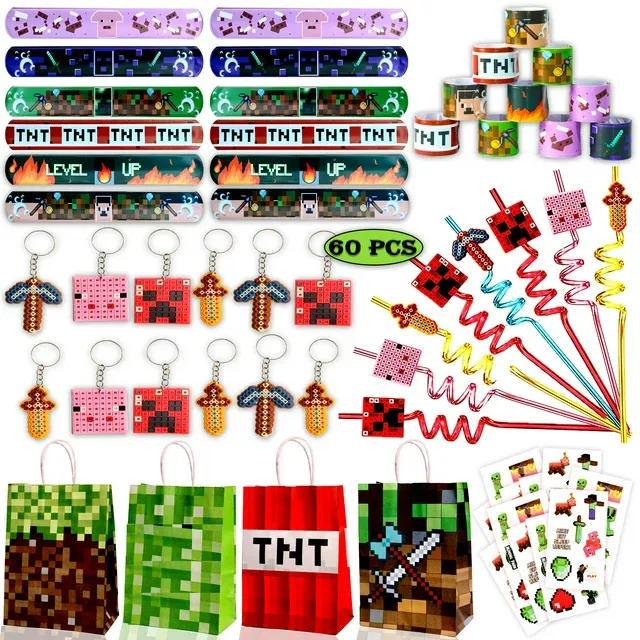 Photo 1 of 60 Pcs Miner Pixel Theme Birthday Party Favors Keychain Slap band Stickers Treat Bag Straw for Kids Party Supply
