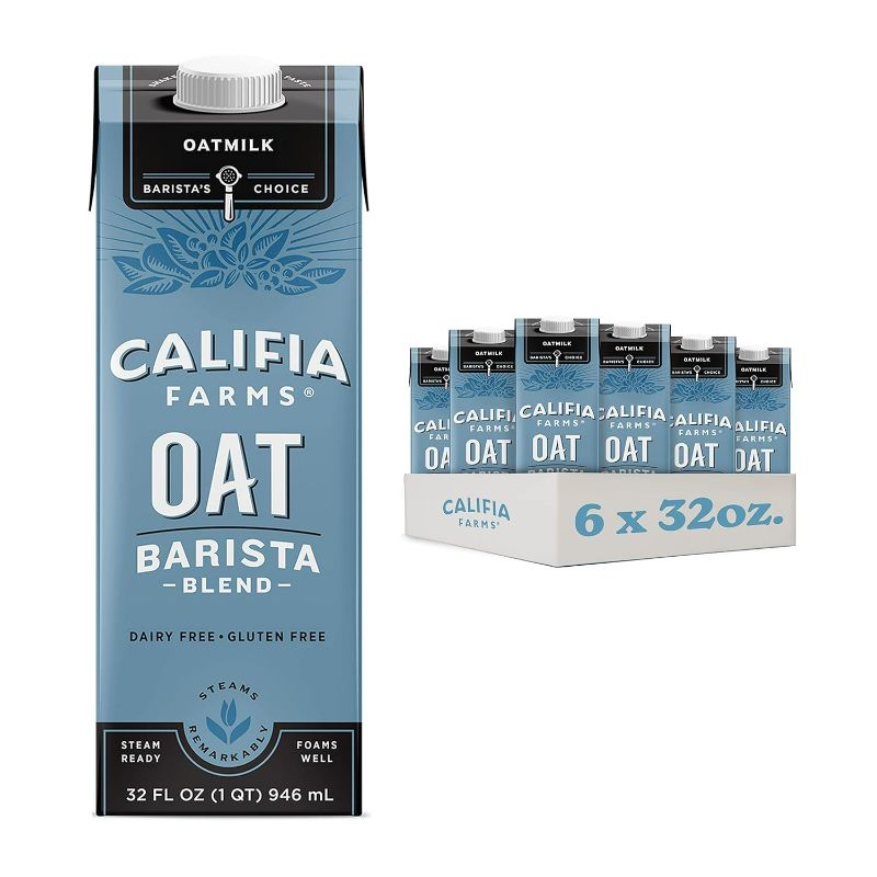 Photo 1 of Califia Farms - Oat Barista Blend Oat Milk, 32 Oz (Pack of 6), Shelf Stable, Dairy Free, Plant Based, Vegan, Gluten Free, Non GMO, High Calcium, Milk Frother, Creamer, Oatmilk
