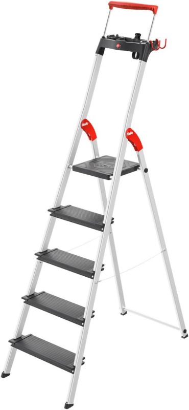 Photo 1 of 4 Step  Hailo L100 Topline | Aluminum Folding Stepladder | Eight Steps | Extendable Safety Rail | Integrated Multifunctional Storage Tray | Folding Safety Mechanism with Platform Locking System| Black