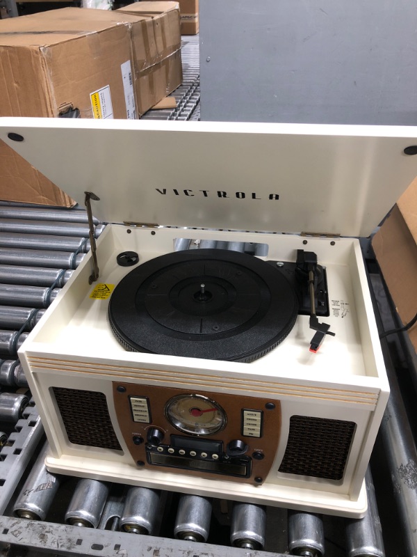 Photo 2 of ****TESTED***Victrola 8-in-1 Bluetooth Record Player & Multimedia Center, Built-in Stereo Speakers - Turntable, Wireless Music Streaming, Real Wood | White White Entertainment Center