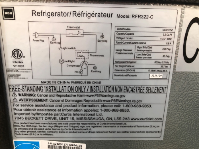 Photo 4 of **** NEW **** *** TESTED POWERED ON ***
RCA RFR322 Mini Refrigerator, Compact Freezer Compartment, Adjustable Thermostat Control, Reversible Door, Ideal Fridge for Dorm, Office, Apartment, Platinum Stainless, 3.2 Cubic Feet
