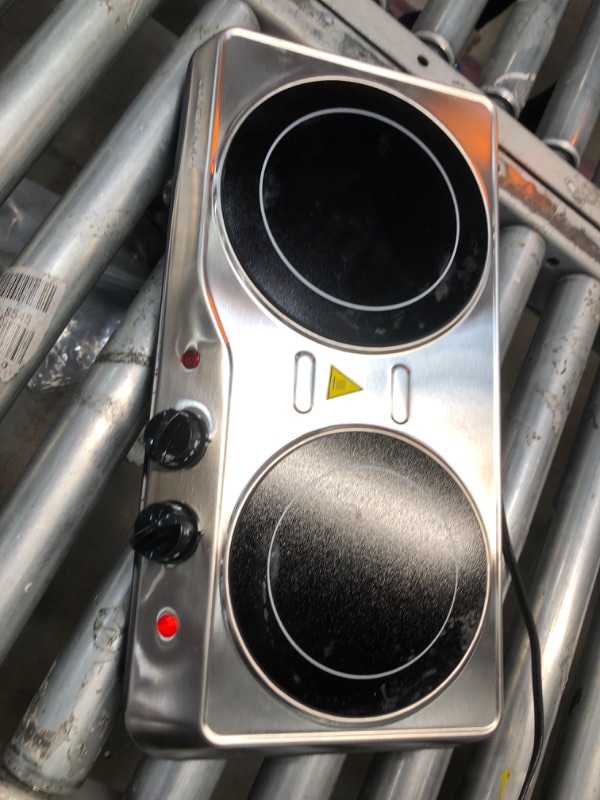 Photo 2 of **MINOR DAMAGE** Ovente Electric Double Infrared Burner 7.75 & 6.75 Inch Ceramic Glass Hot Plates Cooktop, 5 Level Temperature Control & Easy Clean Stainless Steel Base, Portable Stove Dorm & Office, Silver BGI102S Silver Double