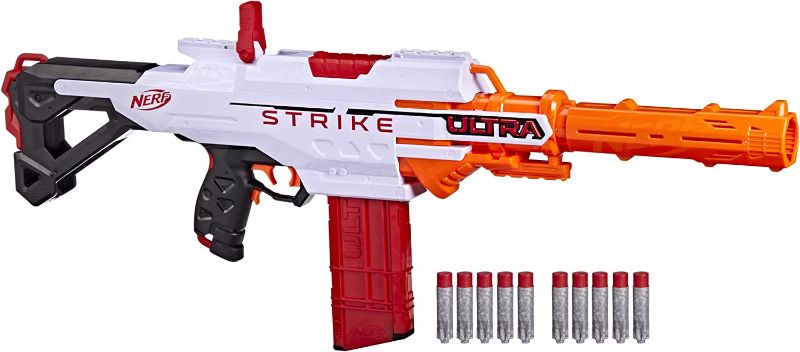 Photo 1 of *** USED *** **** UNABLE TO TEST ****
NERF Ultra Strike Motorized Blaster, 10 AccuStrike Ultra Darts, 10-Dart Clip, Integrated Sight, Compatible Only Ultra Darts
