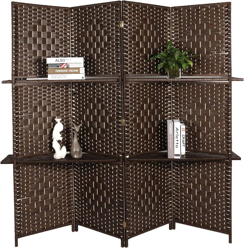 Photo 1 of 4 Panels Room Screen Divider Hand-Woven Design Room Divider 6 Ft High Fiber Freestanding Privacy with Wooden Removable Storage Shelves Screen Suitable for Living Room and Study, Brown
