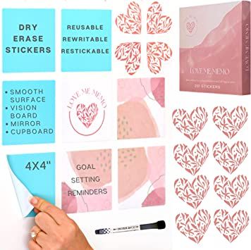 Photo 1 of Love Me Memo 20 Reusable Sticky Notes in Gift Box - 4x4in Stick Whiteboards Squares, Heart Shaped Reminder Dry Erase Sticky Notes, Vision Dream Board Affirmations Stickers for Women Mirror with Marker
