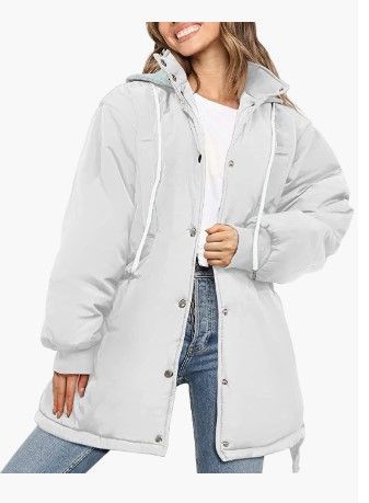 Photo 1 of **LARGE**
PRETTYGARDEN Women's 2023 Hooded Puffer Jackets Long Sleeve Button Down Belted Warm Winter Trench Coat Outerwear With Pockets WHITE-LARGE