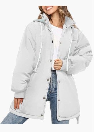 Photo 1 of **X-SMALL**
PRETTYGARDEN Women's 2023 Hooded Puffer Jackets Long Sleeve Button Down Belted Warm Winter Trench Coat Outerwear With Pockets WHITE