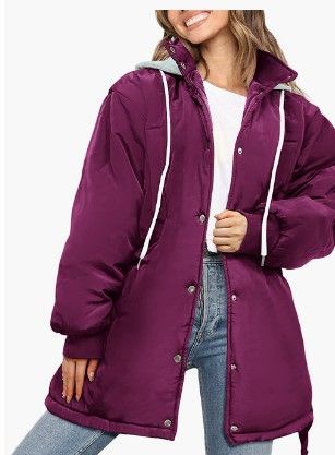 Photo 1 of **MEDIUM**
PRETTYGARDEN Women's 2023 Hooded Puffer Jackets Long Sleeve Button Down Belted Warm Winter Trench Coat Outerwear With Pockets
