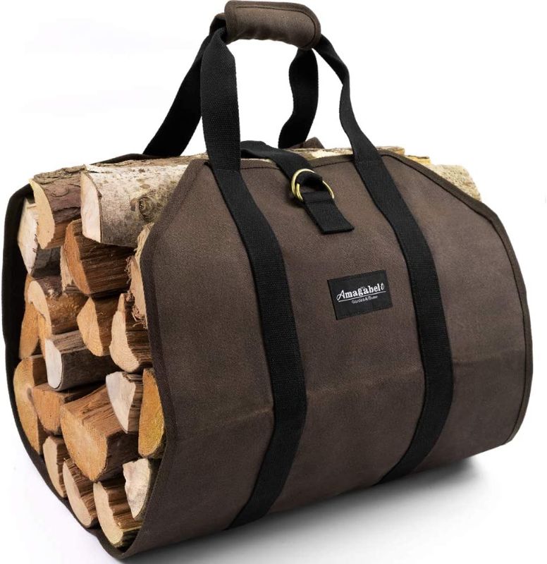 Photo 2 of Amagabeli Firewood Carrier Bag Canvas Waxed Large Firewood Log Tote Carrying Indoor Bag Firewood Storage Tote Fire Place Log Holders Outdoor Fire Wood Carrier with Handless Dark Brown BG290
