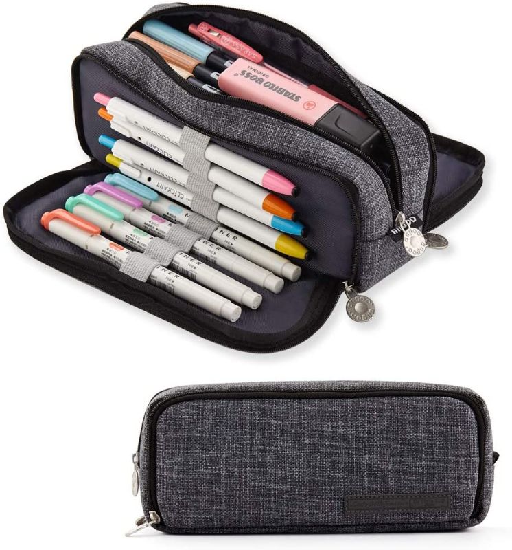 Photo 1 of ANGOOBABY Large Pencil Case Big Capacity 3 Compartments Canvas Pencil Pouch for Teen Boys Girls School Students (Black)
