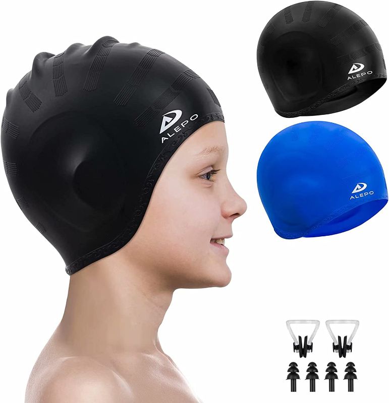 Photo 1 of 2 Pack Kids Swim Caps for Boys Girls, Durable Silicone Swimming Cap with 3D Ear Pockets for Age 3-15 Toddler Child Youth Teen, Unisex Swim Bath Hats for Short/Long Hair with Ear Plugs Nose Clip
