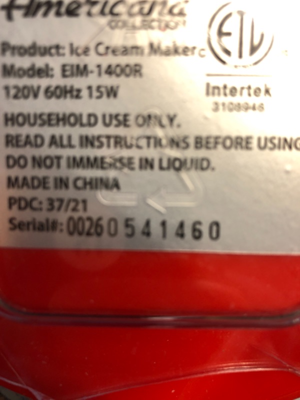 Photo 4 of Americana EIM-1400R 1.5 Qt Freezer Bowl Automatic Easy Homemade Electric Ice Cream Maker, Ingredient Chute, On/Off Switch, No Salt Needed, Creamy Ice Cream, Gelato, Frozen Yogurt, Sorbet, Recipe Book 1.5 Quart Red