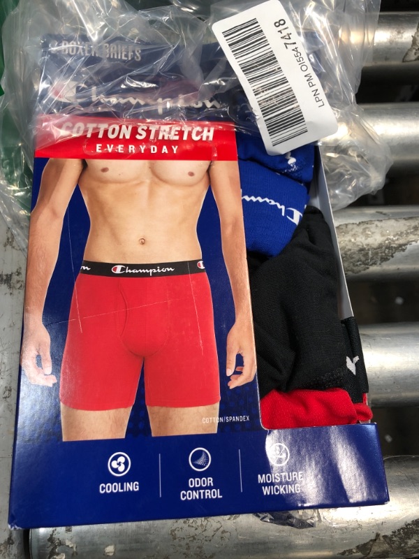 Photo 2 of Champion Men's Underwear Boxer Briefs Pack, Moisture-Wicking, Performance Stretch Cotton, Trunks and Long Leg, Multipack Regular Large Blue White Script Logo/Black/Red