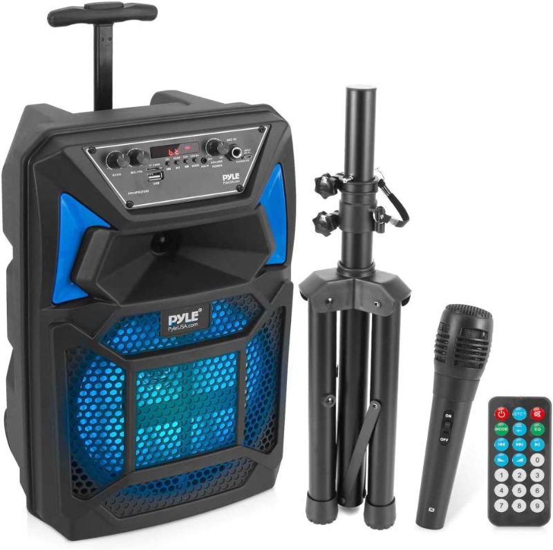 Photo 1 of Pyle Bluetooth PA Speaker & Microphone System - Portable Karaoke Speaker with Wired Mic, Built-in LED Party Lights, FM Radio, MP3/USB/Micro SD Readers, Speaker Stand (8’’ Subwoofer, 400 Watt MAX)