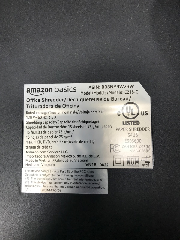 Photo 5 of ***TESTED POWERS ON NOT WORKING*** Amazon Basics 15-Sheet Cross Cut Paper Shredder and Credit Card CD Shredder with 6 Gallon Bin 15 Sheet - new model Shredder