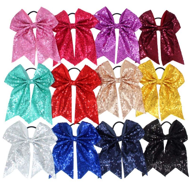 Photo 1 of 12Pcs 7.5" Bling Sparkly Glitter Sequins Pigtail Bows for Baby Girls Large Cheer Hair Bows Ponytail Holder Elastic Hair Ties
