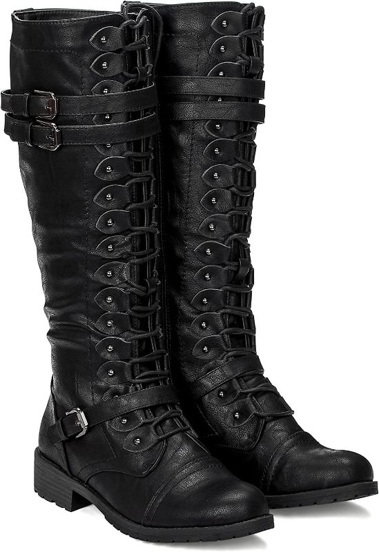 Photo 1 of ILLUDE Women's Knee High Lace Up Buckle Military Combat Boots SIZE 8
