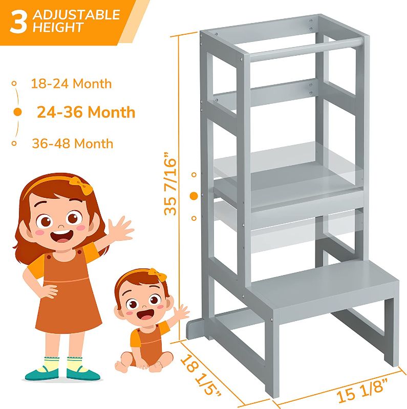 Photo 1 of AMBIRD Toddler Step Stool, 3 Adjustable Height Kitchen Step Stool for 18-48 Months Kids, Wooden Toddler Kitchen Stool with Rail & Non-Slip Mat for Kitchen & Bathroom Sink (Grey)
