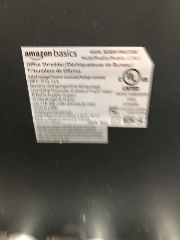 Photo 1 of Amazon Basics 18-Sheet Cross-Cut Paper, CD, and Credit Card Shredder, Black
NEEDS REPAIR